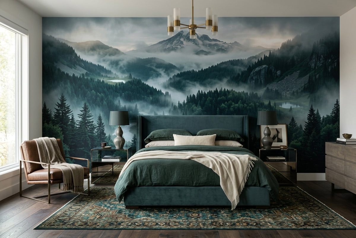 Teal Alpine Pine Forest Wallpaper Mural - 5
