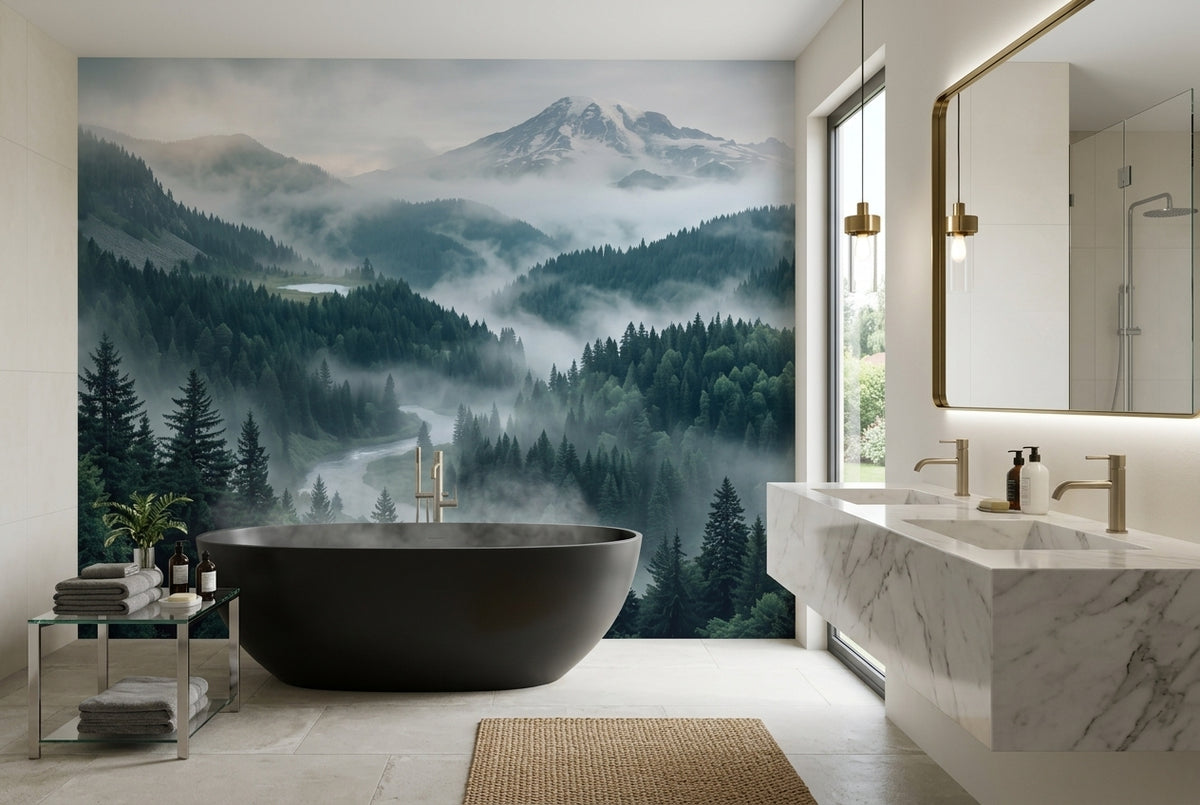 Teal Alpine Pine Forest Wallpaper Mural - 4