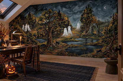 Ghosts in Dark Enchanted Forest Halloween Wallpaper Mural - image 4