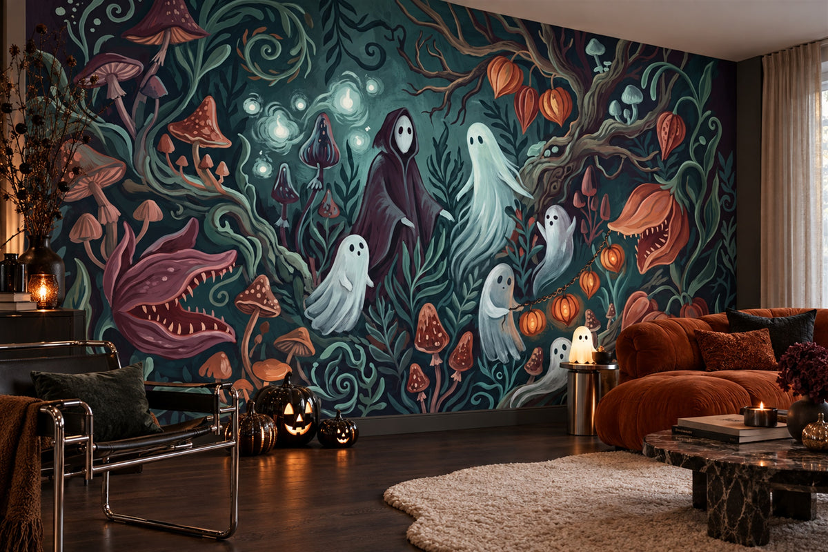 Ghosts Pumpkins Mushrooms and Carnivorous Plants Halloween Wallpaper Mural - image 1