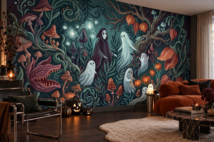 Ghosts Pumpkins Mushrooms and Carnivorous Plants Halloween Wallpaper Mural - image 1