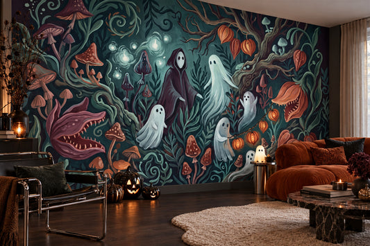 Ghosts Pumpkins Mushrooms and Carnivorous Plants Halloween Wallpaper Mural - image 1