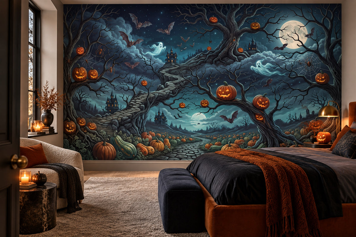 Twisted Pumpkin Trees and Moonlit Path Halloween Wallpaper Mural - image 3
