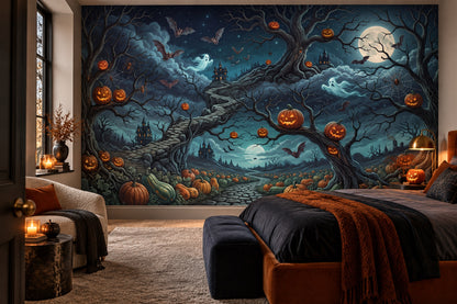 Twisted Pumpkin Trees and Moonlit Path Halloween Wallpaper Mural - image 3