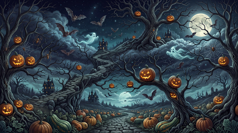 Twisted Pumpkin Trees and Moonlit Path Halloween Wallpaper Mural - image 2