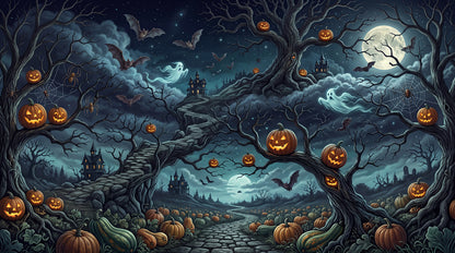 Twisted Pumpkin Trees and Moonlit Path Halloween Wallpaper Mural - image 2