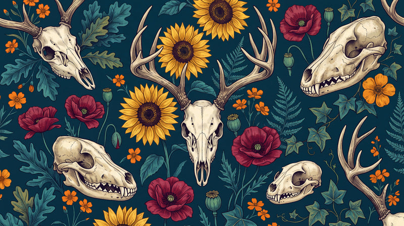 Animal Skulls Antlers Sunflowers and Poppies Halloween Wallpaper Mural - image 2