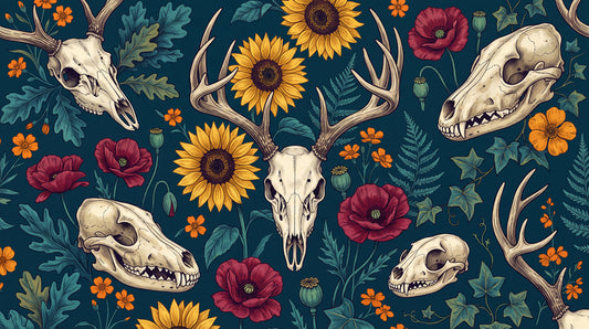 Animal Skulls Antlers Sunflowers and Poppies Halloween Wallpaper Mural - image 2