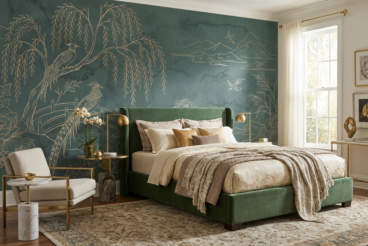 Teal Willow Garden Chinoiserie Wallpaper Mural - 4