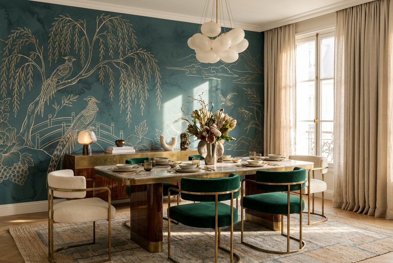 Teal Willow Garden Chinoiserie Wallpaper Mural - 1