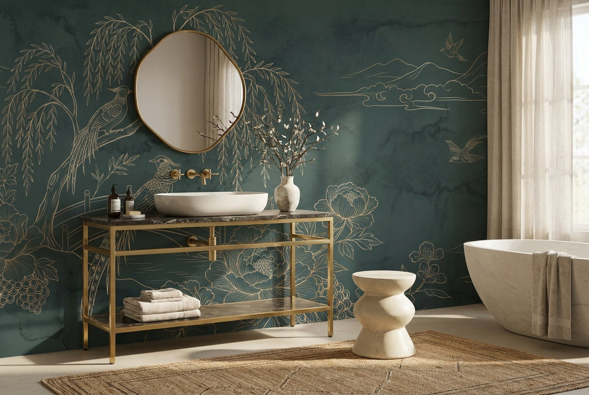 Teal Willow Garden Chinoiserie Wallpaper Mural - 3