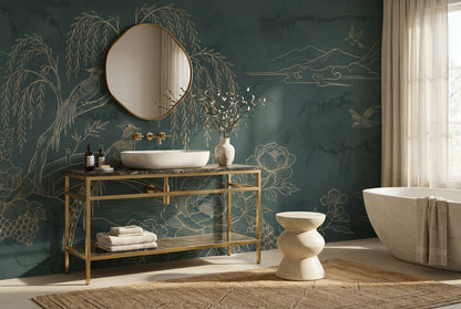 Teal Willow Garden Chinoiserie Wallpaper Mural - 3