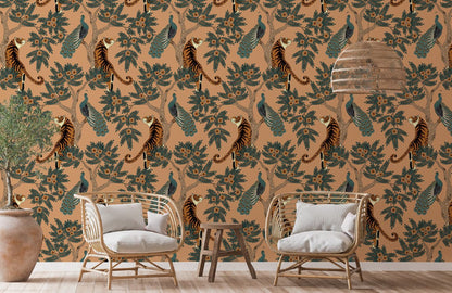 Vintage botanical fauna patterned wallpaper, earthy tones, wicker chairs, wooden flooring, rustic decor.