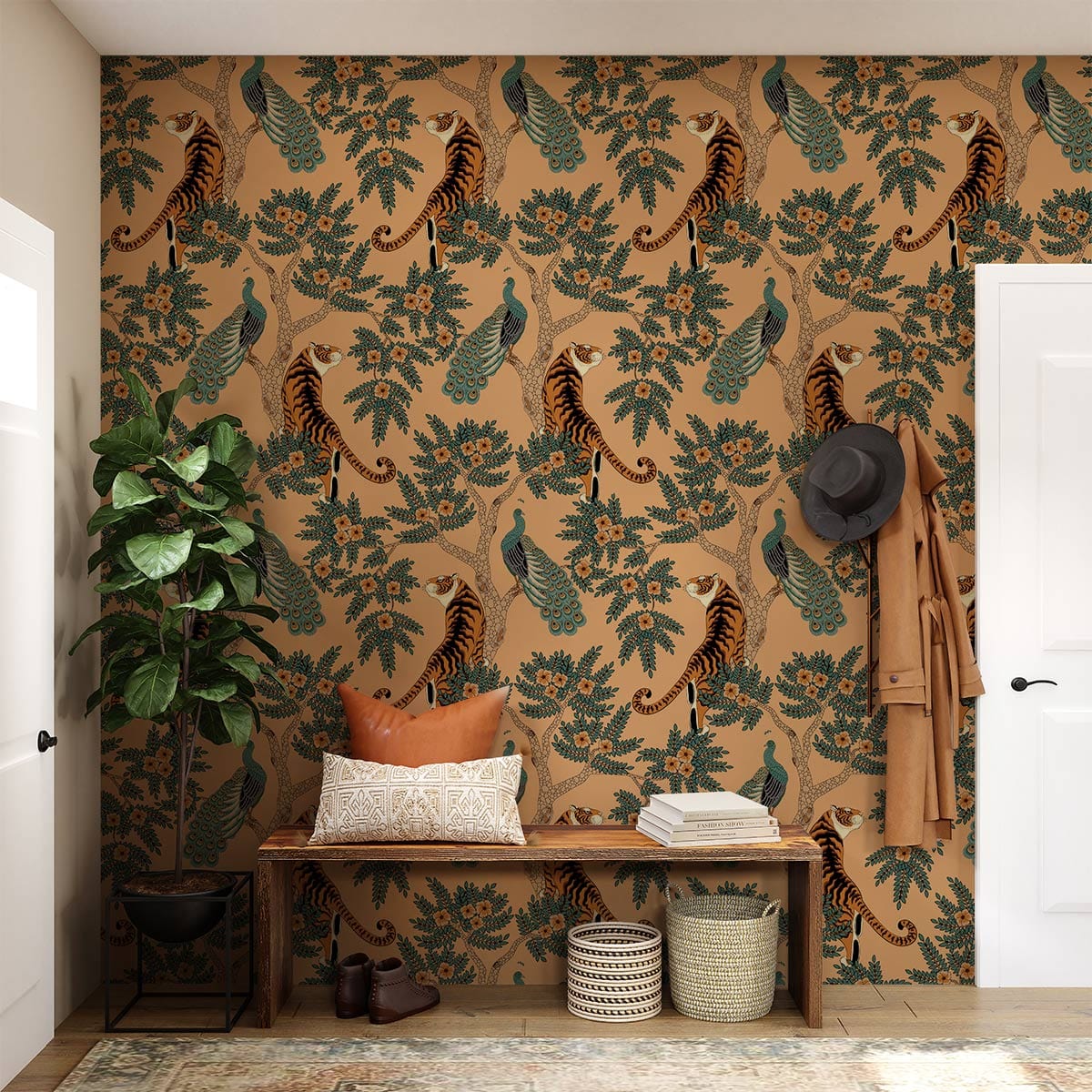 Vintage botanical fauna patterned wallpaper with bench, earthy interior, plant decor in stylish room.