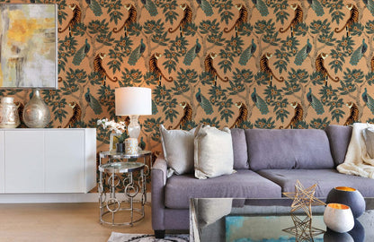 Modern living room with vintage botanical fauna wallpaper, grey sofa, glass table, and sideboard decor.