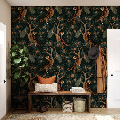 Elegant dark green wallpaper with wildlife pattern, wooden flooring, wall plant, stylish hallway decor.