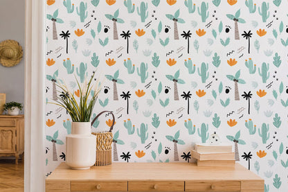 a bright wall painting of jungle trees in a tropical forest