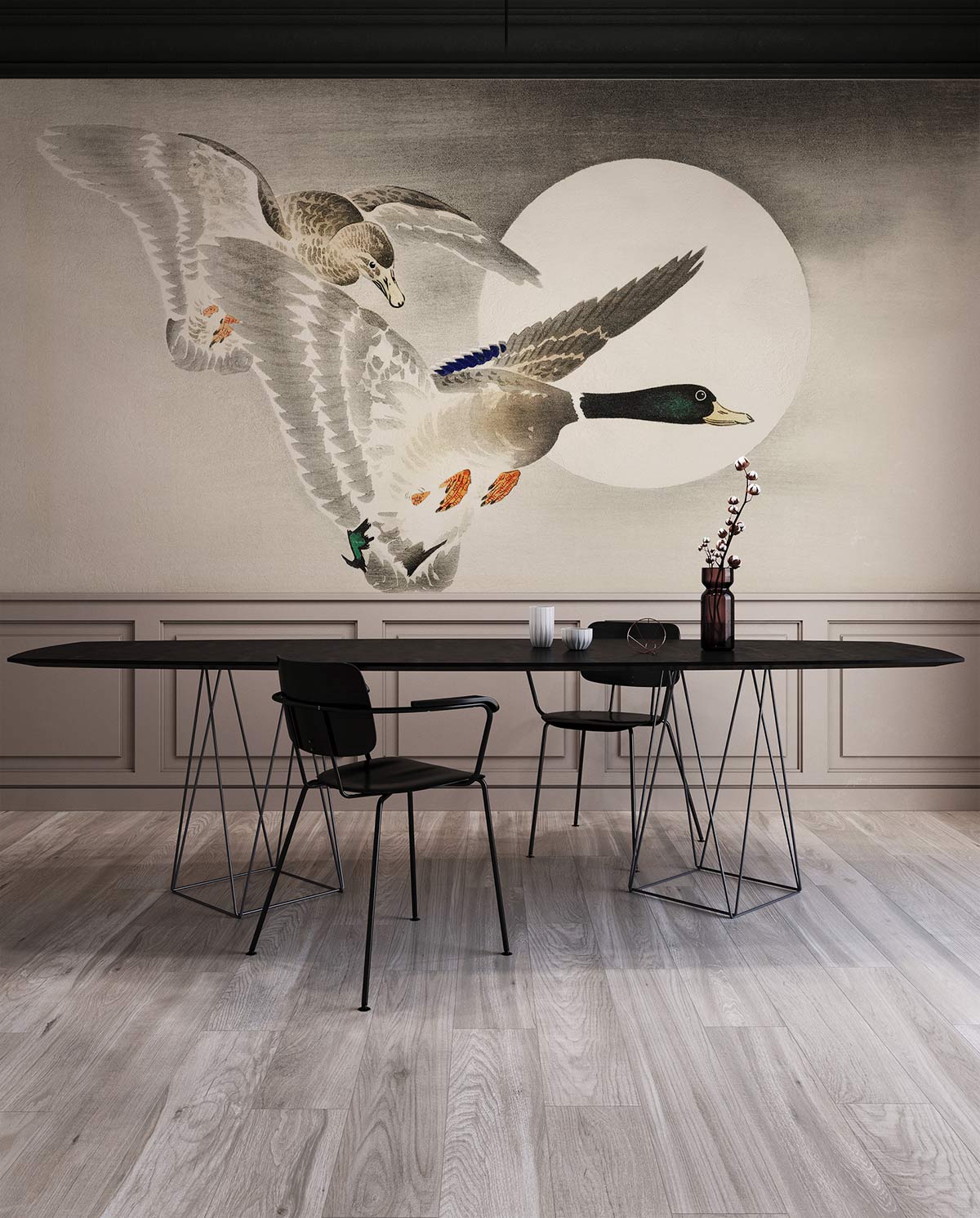 Vintage Duck Flight Moon Mural Wallpaper