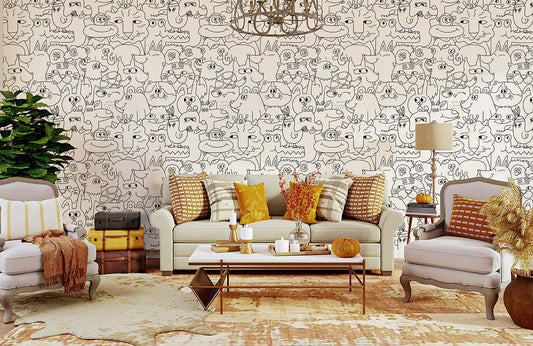 Whimsical Animal Line Art Wallpaper Mural