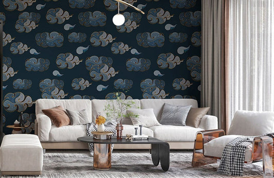 Oceanic Blue Gold Paisley Mural Wallpaper