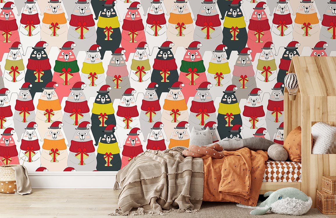 Festive Holiday Bears Gift Mural Wallpaper