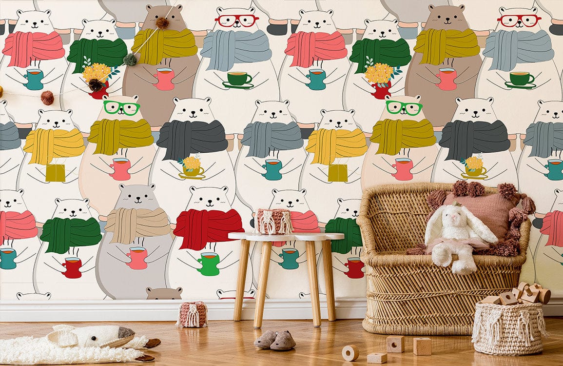 Colorful Scarved Bears Nursery Mural Wallpaper