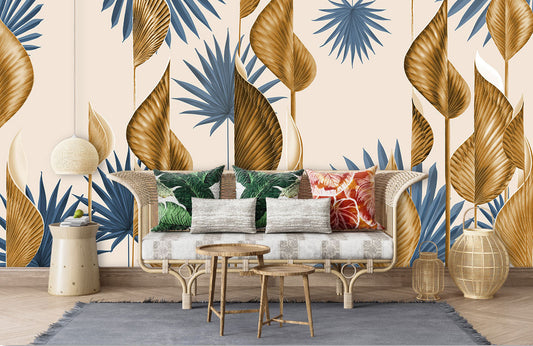 Tropical Blue Gold Leaf Mural Wallpaper