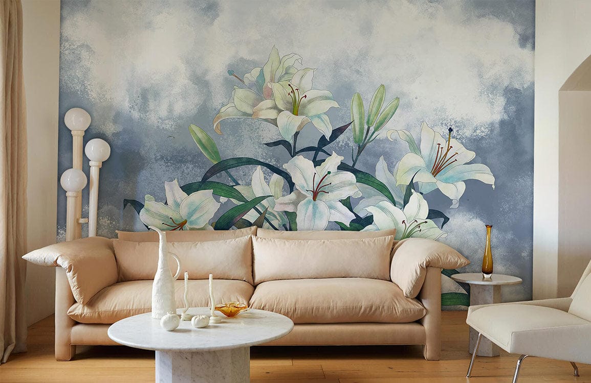 Elegant lily wallpaper mural with beige sofa, light wood flooring, marble coffee table, modern lounge lamp.