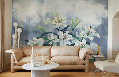 Elegant lily wallpaper mural with beige sofa, light wood flooring, marble coffee table, modern lounge lamp.