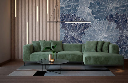 Blue chrysanthemum blossom wallpaper with a line drawing technique