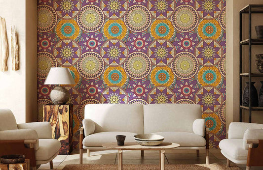 Bohemian Purple Geometric Floral Mural Wallpaper