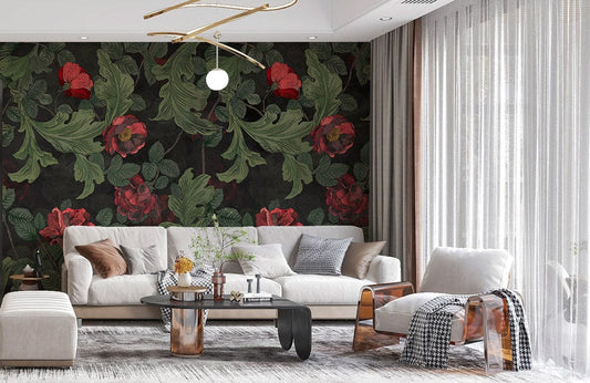 Vintage Red Floral Botanical Mural Wallpaper