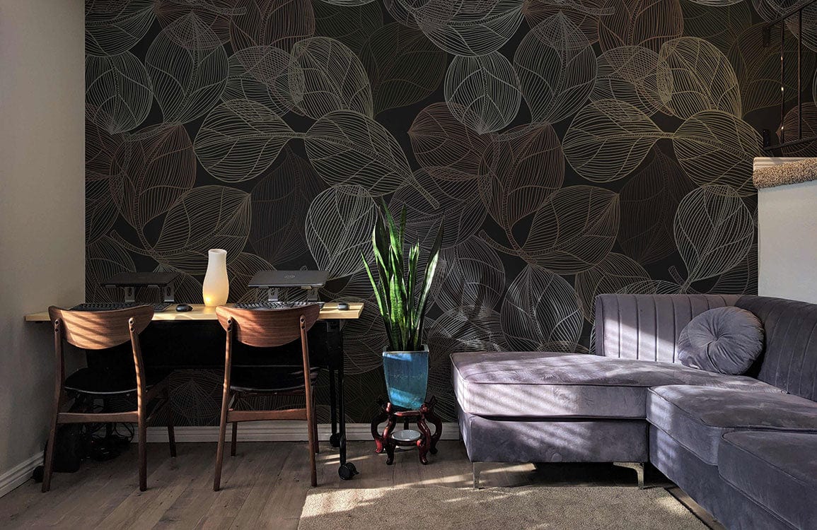 Abstract Leaf Pattern Dark Mural Wallpaper