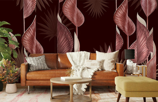 Elegant Burgundy Botanical Leaf Mural Wallpaper