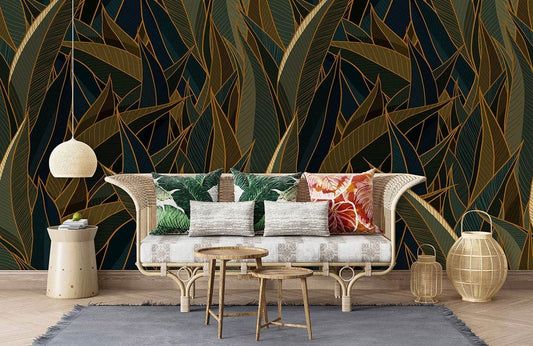 Elegant Gold Leaf Geometric Mural Wallpaper