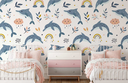wallpaper with dolphins, clouds, and a rainbow