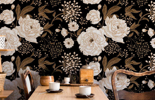 Elegant Black Gold Floral Mural Wallpaper