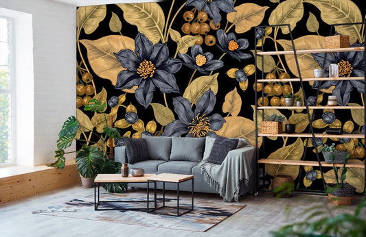 Room wallpaper in yellow and blue with flowers on it