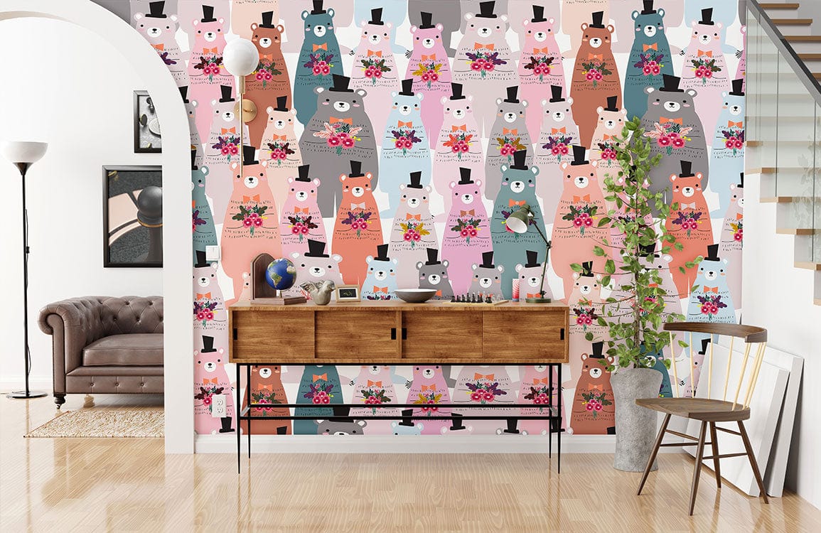 Colorful Bear Floral Nursery Mural Wallpaper