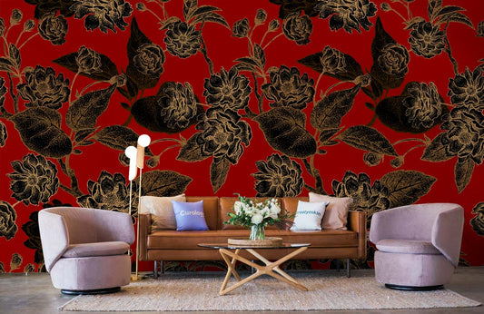 Wallpaper with a red and gold floral pattern for a room