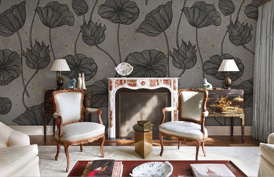 Elegant Grey Botanical Gold Accent Mural Wallpaper