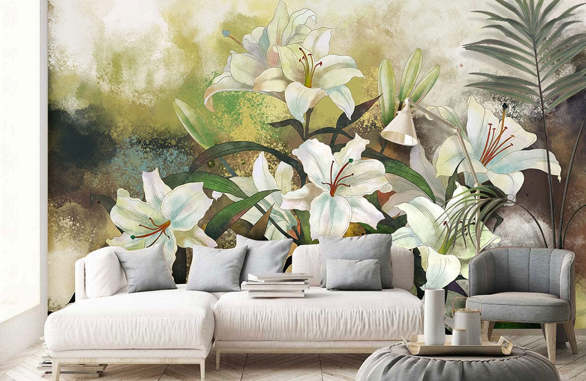 Luxurious living room featuring Elegant White Lily Watercolour Mural Wallpaper, white sofa, grey armchair.
