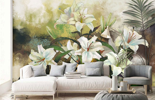 Luxurious living room featuring Elegant White Lily Watercolour Mural Wallpaper, white sofa, grey armchair.