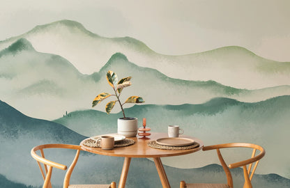 Decorations for the dining room in green watercolour mountains