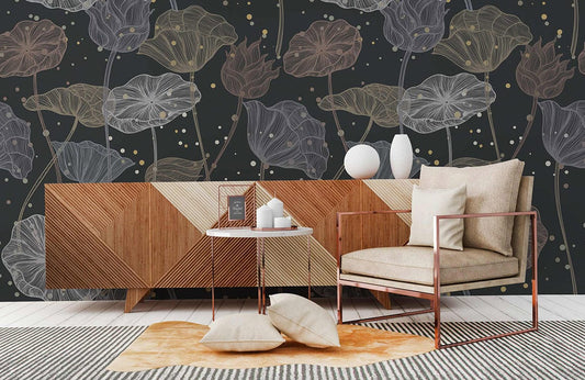 Botanical Leaf Gold Dot Mural Wallpaper