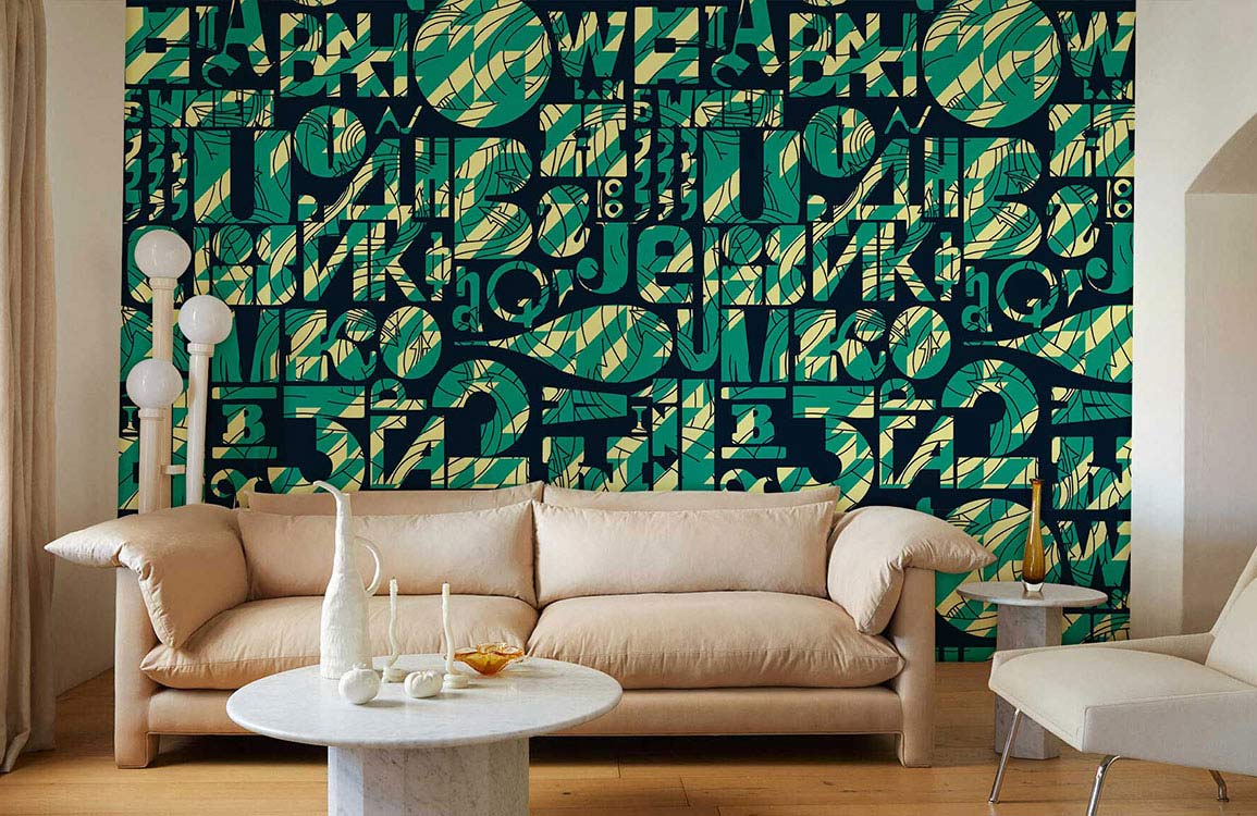 Abstract Alphanumeric Teal Mural Wallpaper