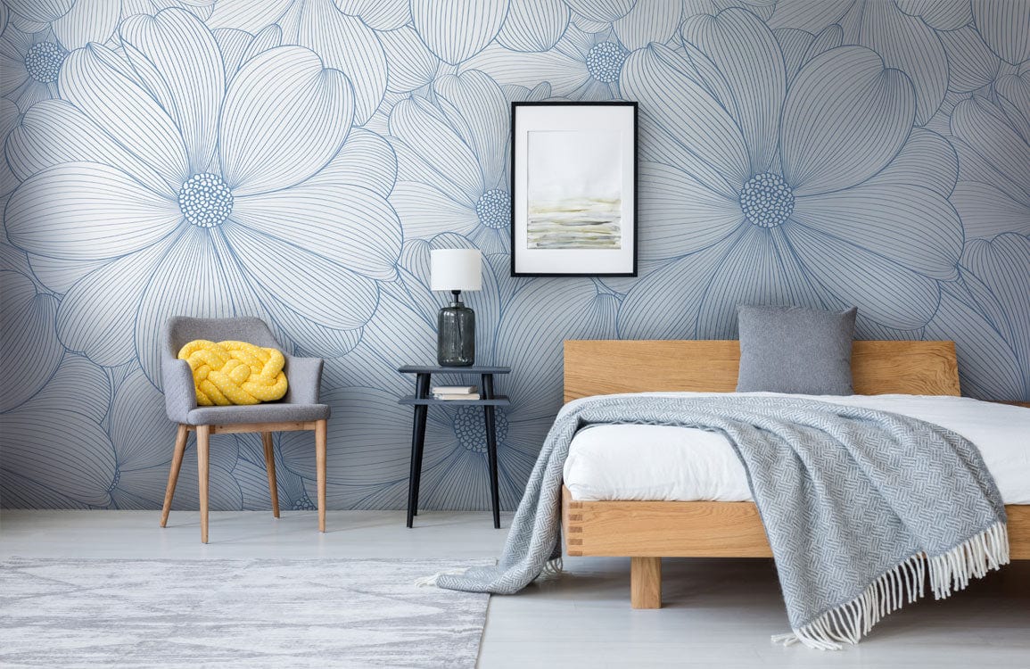 Blue Floral Sketch Modern Mural Wallpaper