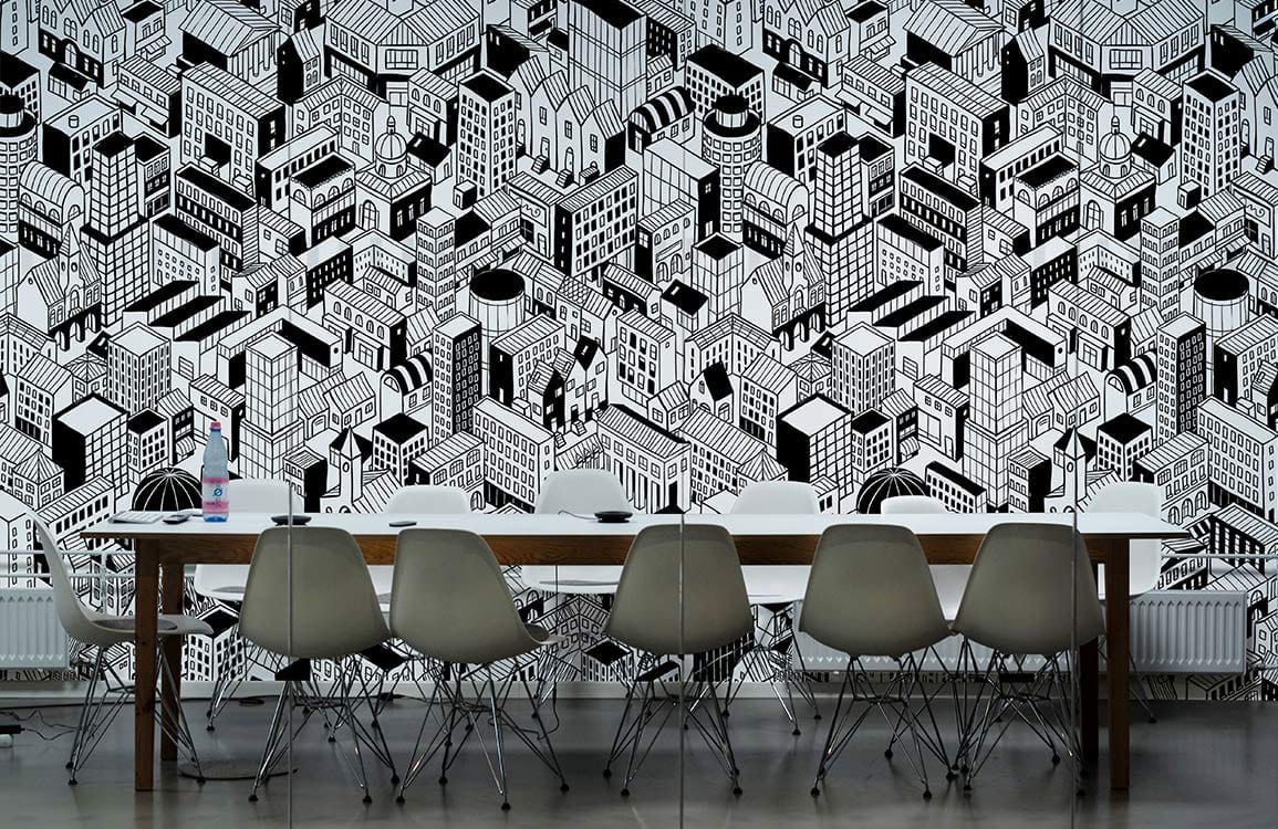 Modern Abstract Cityscape Black White Mural Wallpaper