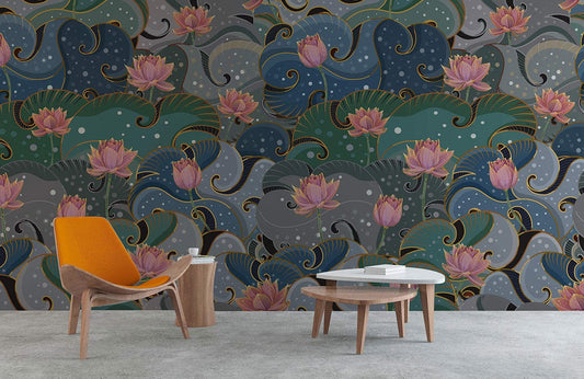 Lotus Blossom Teal Art Deco Mural Wallpaper