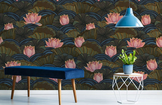 Sample of Botanical Lotus Floral Art Mural Wallpaper